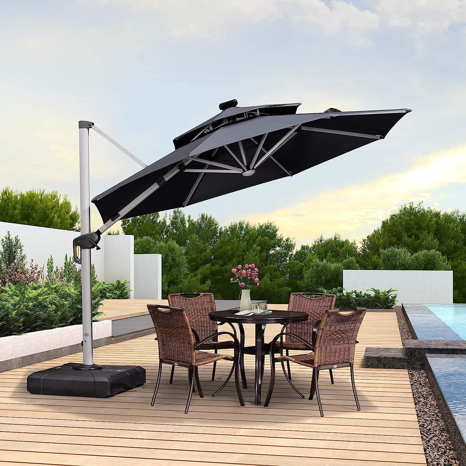 12ft Solar LED Patio Umbrella Outdoor Round Umbrella Large Cantilever Umbrella with LED Lights Windproof Bias Umbrella Heavy Duty Parasol for Garden Deck Pool Patio