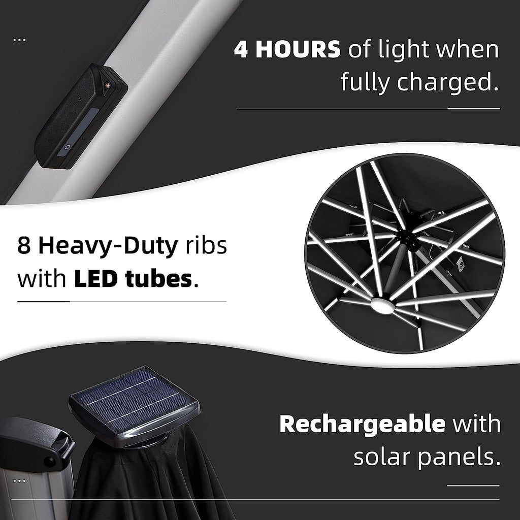 12ft Solar LED Patio Umbrella Outdoor Round Umbrella Large Cantilever Umbrella with LED Lights Windproof Bias Umbrella Heavy Duty Parasol for Garden Deck Pool Patio