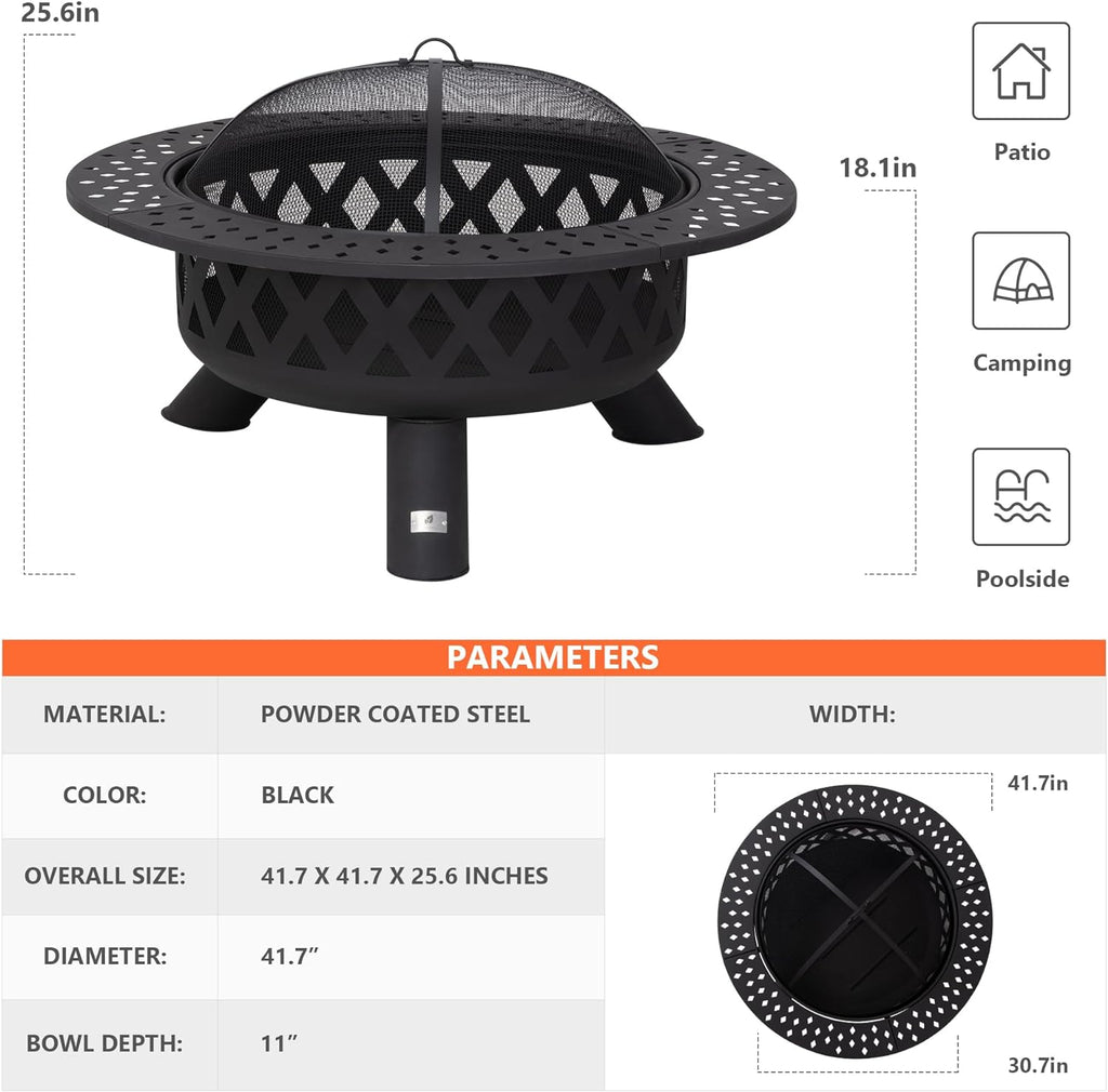 SUNCREAT 42” Patio Fire Pit Wood Burning with Mesh Spark Screen, Bonfire Outdoor firepit with Fireplace Poker, Black