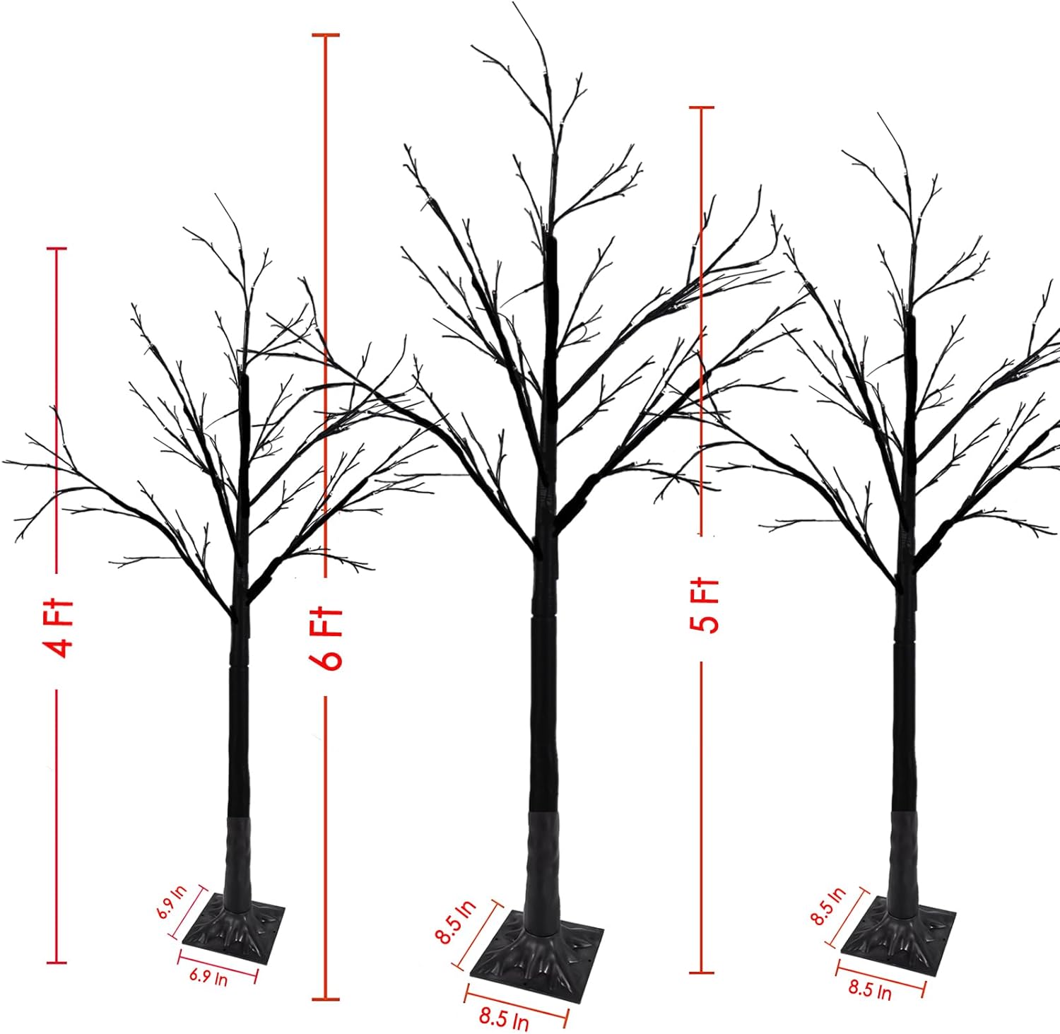 Set of 3 Glowing Black Halloween Trees with 96 LED Lights